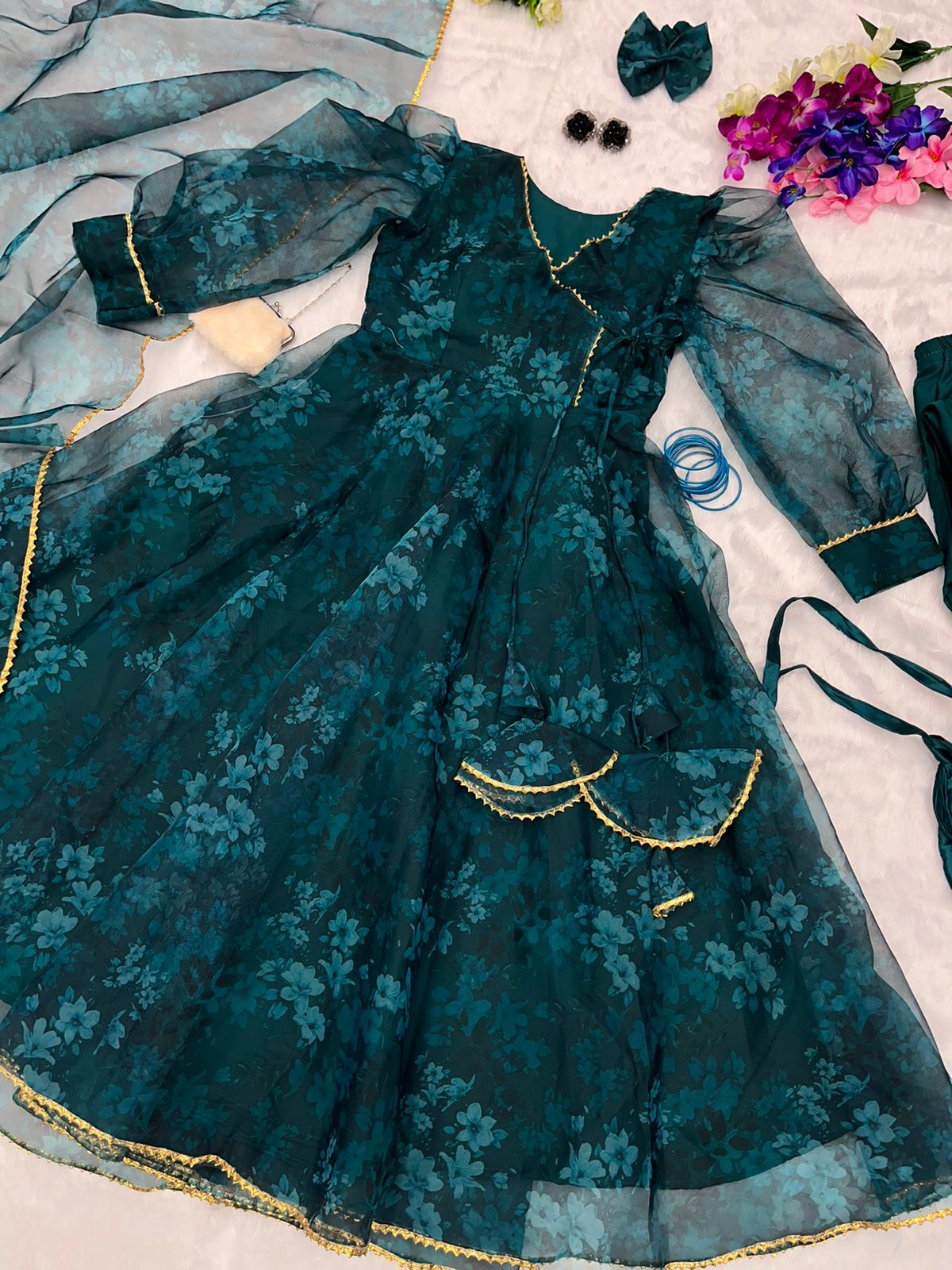 Blissful Teal Blue Digital Print Organza Anarkali Gown