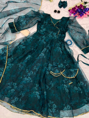 Blissful Teal Blue Digital Print Organza Anarkali Gown