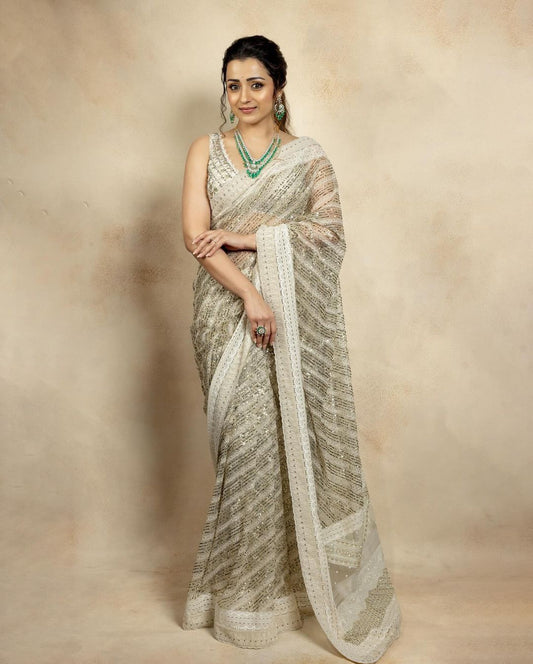 Mesmerizing  Off White Color Sequence & Embroidery Work Saree