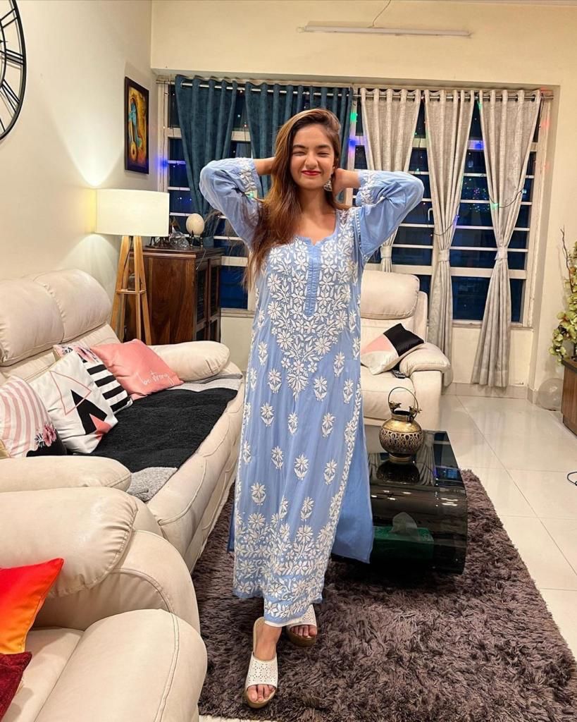 Anushka Sen Sky Blue Color Rayon Cotton Thread Embroidery Work