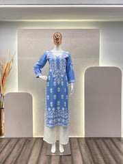 Anushka Sen Sky Blue Color Rayon Cotton Thread Embroidery Work