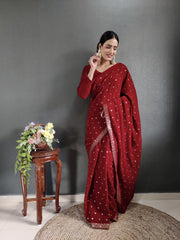 Most Beautiful  Red Color Velvet Ready To Wear Saree