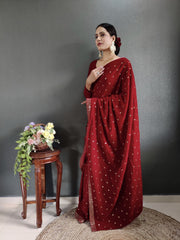 Most Beautiful  Red Color Velvet Ready To Wear Saree