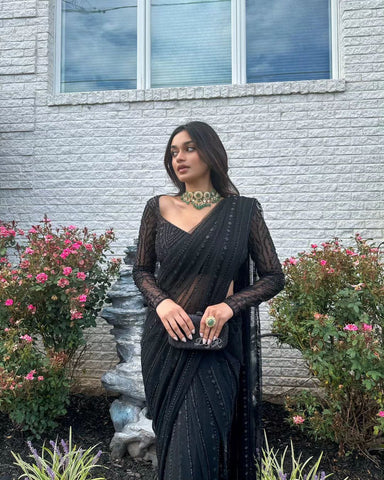 Beautiful  Black Color Sequence Embroidery Work Saree