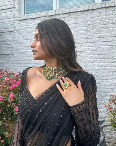 Beautiful  Black Color Sequence Embroidery Work Saree