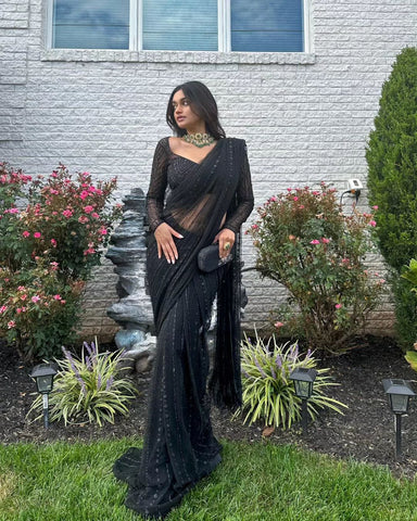 Beautiful  Black Color Sequence Embroidery Work Saree