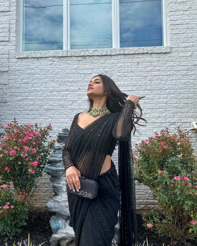 Beautiful  Black Color Sequence Embroidery Work Saree
