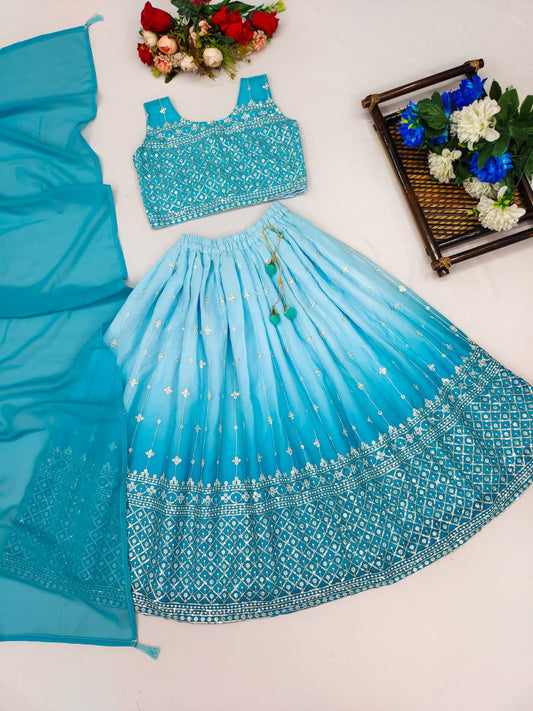 Stylish Sky Blue Color Faux Georgette Beautiful Digital Print &Sequins Embroidered  Work