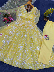 Flattering Yellow Color Organza Thread Gown