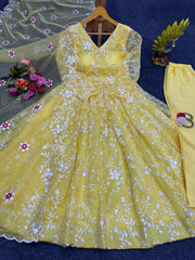 Flattering Yellow Color Organza Thread Gown