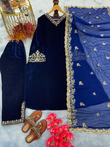 Wonderful Bell Sleeve Blue Color Velvet Salwar Suit