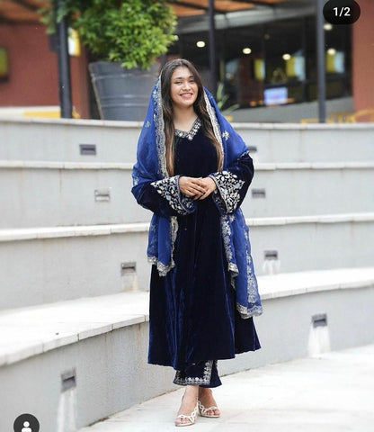 Wonderful Bell Sleeve Blue Color Velvet Salwar Suit