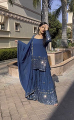 Awesome Blue Color Georgette Embroidery & Sequins Work Sharara Suit