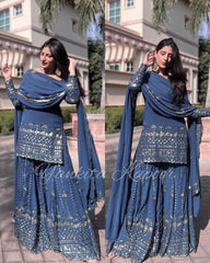 Awesome Blue Color Georgette Embroidery & Sequins Work Sharara Suit