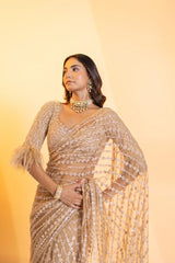 Precious  Cream Color Mono Net With Sequins Embroidery work Saree