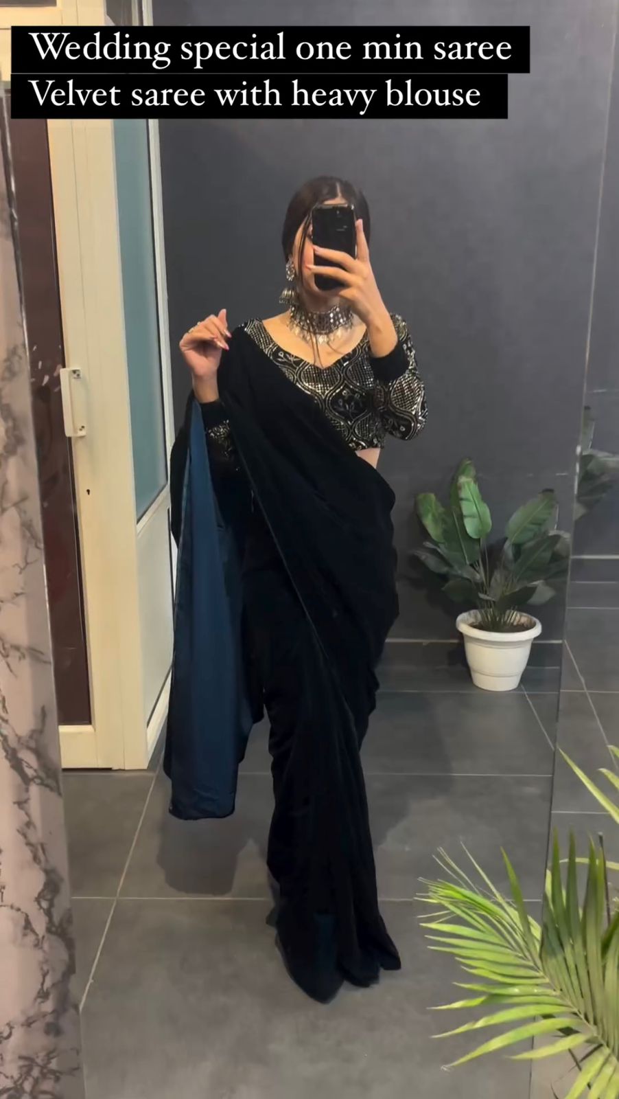 Adorable Black Color Velvet Saree With Sequence Work Blouse