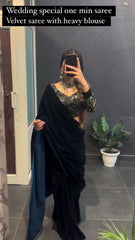 Adorable Black Color Velvet Saree With Sequence Work Blouse