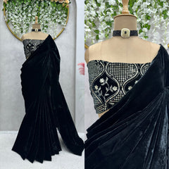 Adorable Black Color Velvet Saree With Sequence Work Blouse