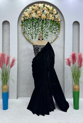 Adorable Black Color Velvet Saree With Sequence Work Blouse