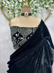 Adorable Black Color Velvet Saree With Sequence Work Blouse