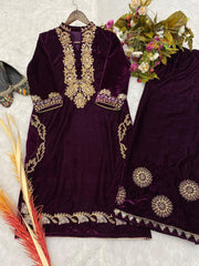 Embellished  Wine Color Velvet Sequences Embroidary Work Suit