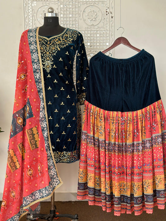 Awesome  Black Color Velvet Embroidery And Sequins Work Sharara Suit