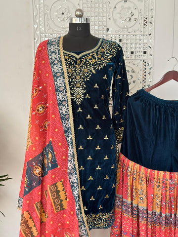 Awesome  Black Color Velvet Embroidery And Sequins Work Sharara Suit