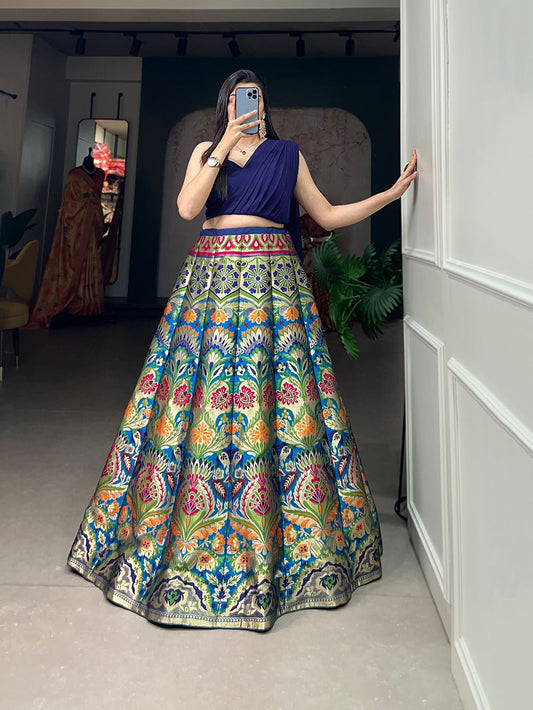 Shining Blue Color Banarasi silk Zari Weaving Work Lehenga Choli