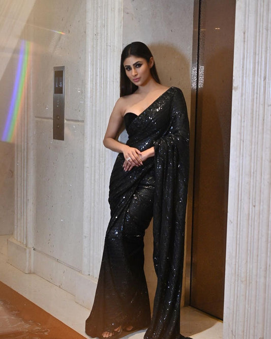 Mouni Roy Black Sequins Embroidery Work Saree