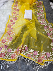 Outstanding Yellow Color Organza Multi Embroidery Work