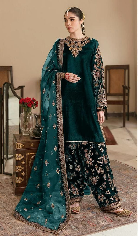 Designer Green Color Velvet Chine Sequence Both Side Work Suit