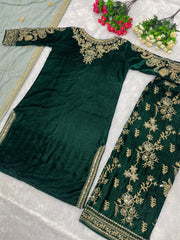 Designer Green Color Velvet Chine Sequence Both Side Work Suit