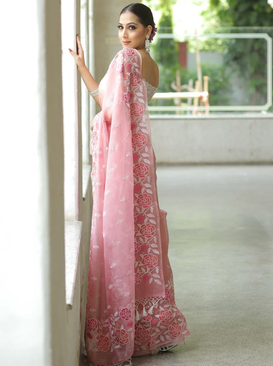 Outstanding Pink Color Organza Multi Embroidery Work Saree