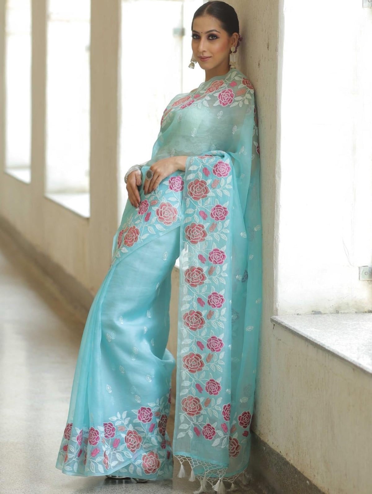 Blissful  Sky Blue Color Soft Organza Multi Embroidery Work