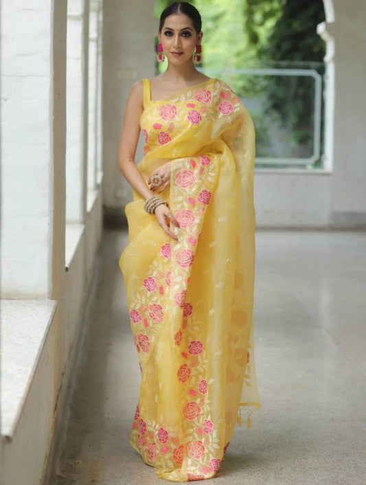 Outstanding Yellow Color Organza Multi Embroidery Work