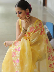 Outstanding Yellow Color Organza Multi Embroidery Work