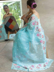 Blissful  Sky Blue Color Soft Organza Multi Embroidery Work