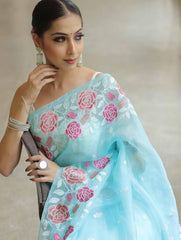 Blissful  Sky Blue Color Soft Organza Multi Embroidery Work