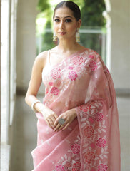 Outstanding Pink Color Organza Multi Embroidery Work Saree