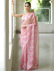 Outstanding Pink Color Organza Multi Embroidery Work Saree