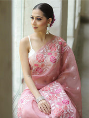 Outstanding Pink Color Organza Multi Embroidery Work Saree