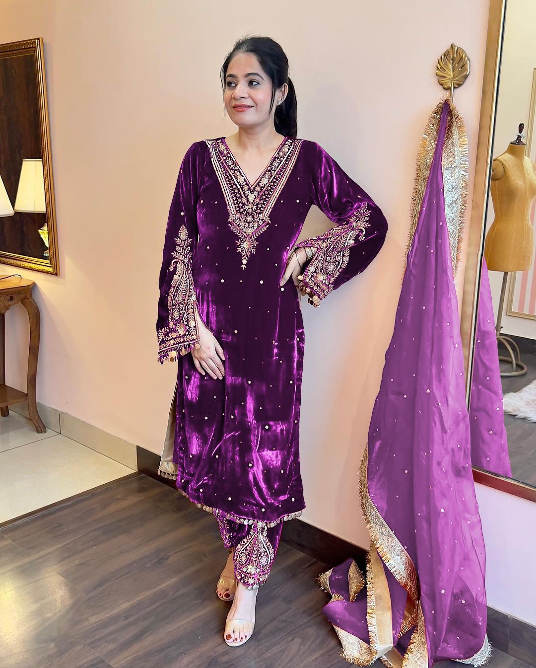 Fabulous  Purple Color Velvet Sequence Work With Rivet Moti Work Suit