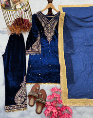 Fabulous  Blue Color Velvet Sequence Work With Rivet Moti Work Suit