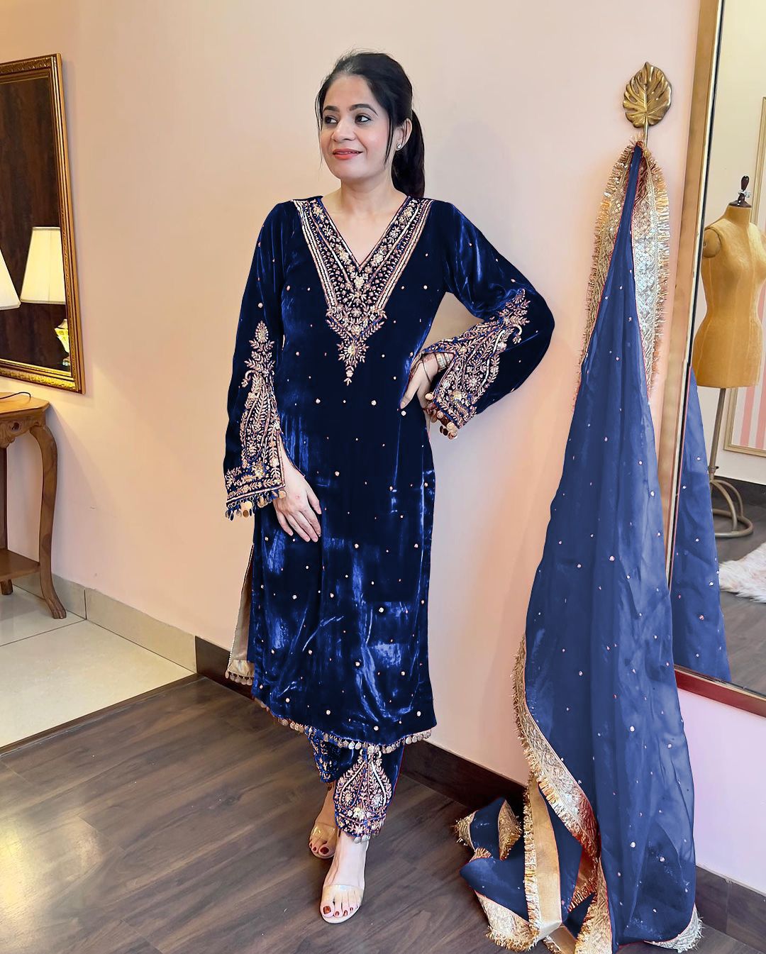 Fabulous  Blue Color Velvet Sequence Work With Rivet Moti Work Suit