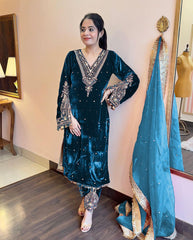 Fabulous Rama Color Velvet Sequence Work With Rivet Moti Work Suit