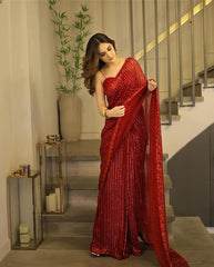 Luxuriant Red Color Georgette Sequins Embroidery Work Saree