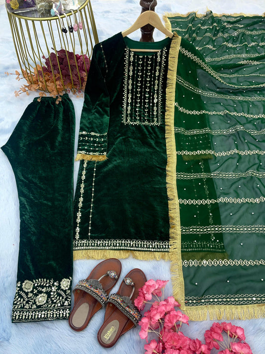 Presenting  Green Color Velvet Embroidery With Sequence Work Suit