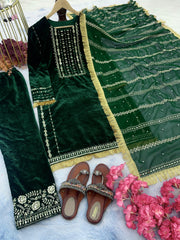 Presenting  Green Color Velvet Embroidery With Sequence Work Suit