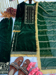 Presenting  Green Color Velvet Embroidery With Sequence Work Suit