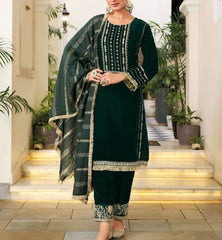 Presenting  Green Color Velvet Embroidery With Sequence Work Suit